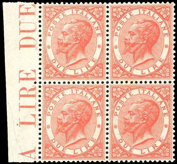 1866 - 2 lire, De La Rue, tiratura di Torino (T22), ottima centratura, blocco di quattro, bordo di foglio, nuovo, gomma originale integra, perfetto. Molto bello. Ferrario.