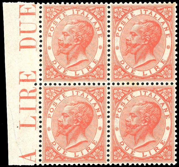1866 - 2 lire, De La Rue, tiratura di Torino (T22), ottima centratura, blocco di quattro, bordo di foglio, nuovo, gomma originale integra, perfetto. Molto bello. Ferrario.  - Asta Filatelia - Cambi Casa d'Aste