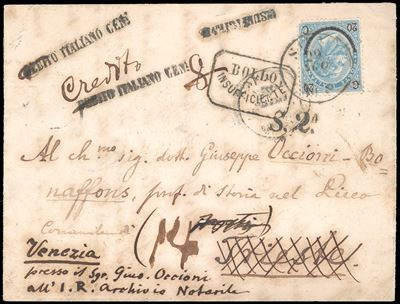 1865, 20 cent. su 15 cent. Ferro di cavallo, II tipo su lettera da Siena a Trieste