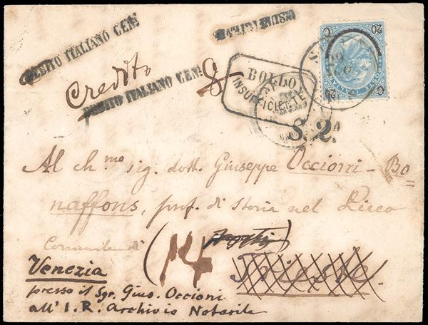 1865 - 20 cent. su 15 cent. Ferro di cavallo, II tipo (24), un angolo arrotondato, su lettera da Siena 29/8/1865 a Trieste, rispedita a Venezia, sul fronte numerosi bolli tra cui due "insufficiente" di foggia diversa e "credito italiano cent." e "debito italiano cent." Interessante.