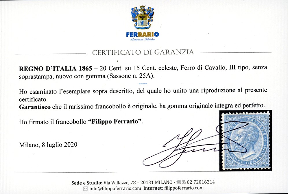 1865, 20 cent. su 15 cent. Ferro di cavallo, III tipo, Senza Sopraescrittura
