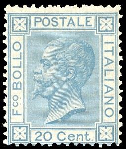 1867 - 20 cent. celeste chiaro, tiratura di Londra (L26), nuovo, gomma originale integra, perfetto. A.Diena, G.Oliva, cert. Ferrario.