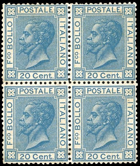 1867 - 20 cent. azzurro, tiratura di Torino (T26), blocco di quattro, nuovo, gomma originale integra, perfetto e ben centrato. Raro. Ferrario, Alberto Diena, cert. Sorani.