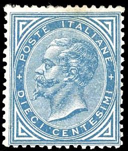 1877 - 10 cent. azzurro (27), buona centratura, nuovo, gomma originale, perfetto. Cert. Fiecchi.