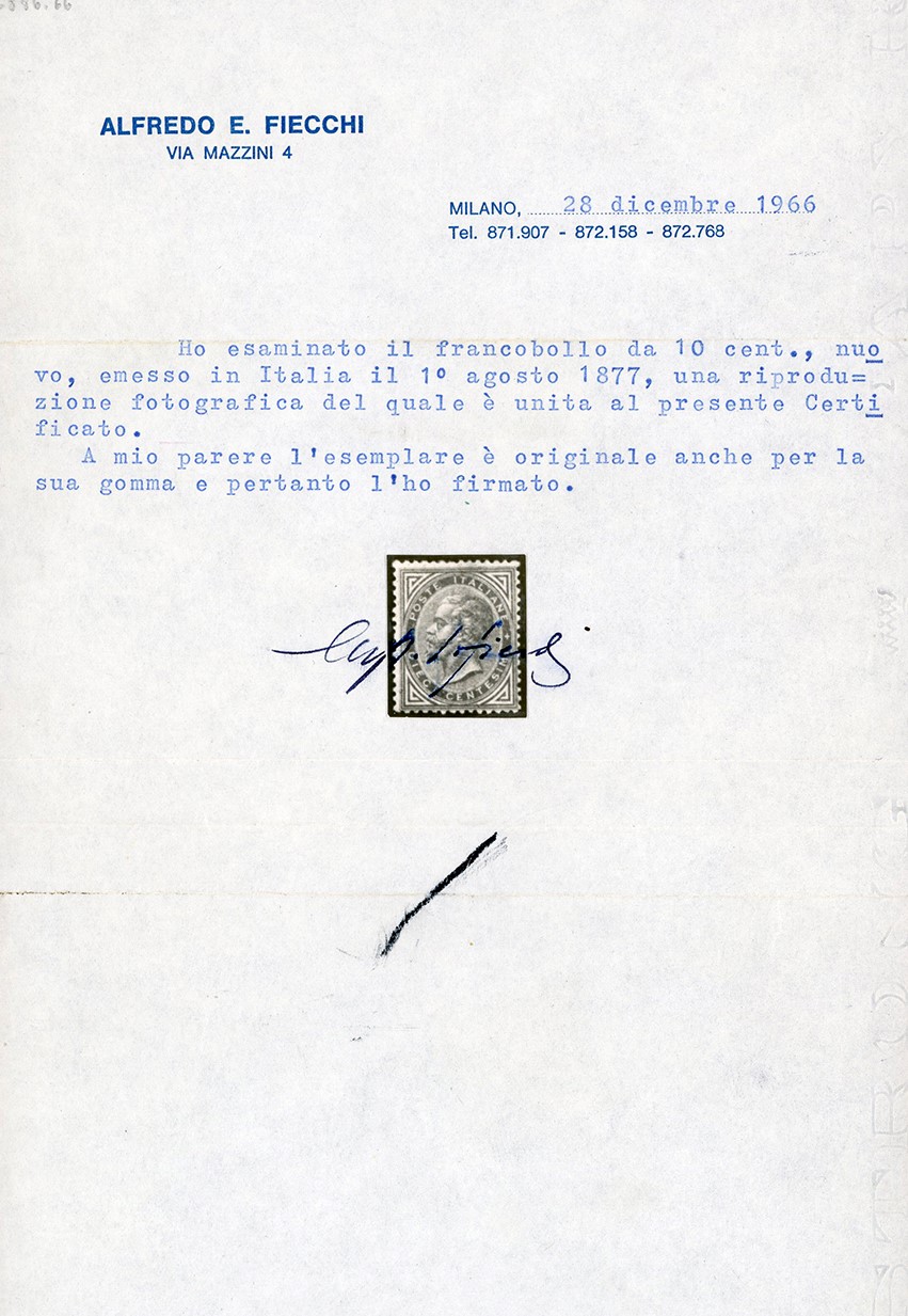 1877 - 10 cent. azzurro, francobollo nuovo con gomma originale