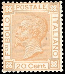 1877 - 20 cent. ocra arancio (28), discreta centratura, nuovo, gomma originale, lieve traccia di liguella, perfetto. Molto fresco. Cert. E.Diena.