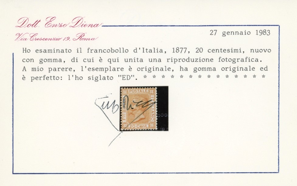 1877, 20 centesimi ocra arancio, gomma originale