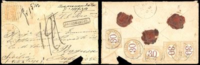 Busta raccomandata, 20 cent. ocra arancio e segnatasse da 30 cent. ocra e carminio, Roma a Ragusa...