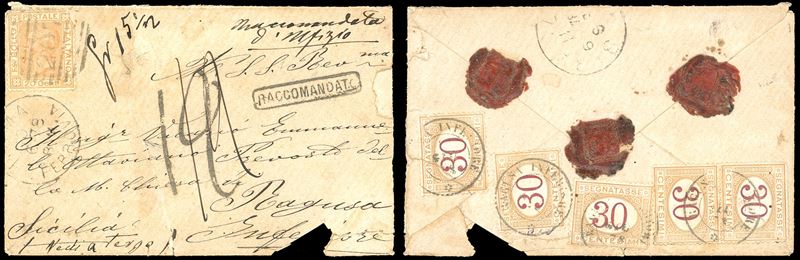 1878 - 20 cent. ocra arancio (28), su busta da Roma 10/6/1878 a Ragusa Inferiore. La busta con ogni probabilità conteneva denaro e venne raccomandata d'ufficio, come da indicazione manoscritta sul fronte, con applicazione al verso di cinque segnatasse da 30 cent. ocra e carminio (7), a rappresentare la tassa dovuta manoscritta sul fronte. Interessante e raro oggetto di storia postale.  - Auction Philately - Cambi Casa d'Aste