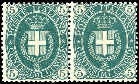 1889 - 5 cent. Stemma, fondo pieno (44), coppia, nuova, gomma originale, perfetta. Ferrario, cert. Manzoni.  - Asta Filatelia - Cambi Casa d'Aste