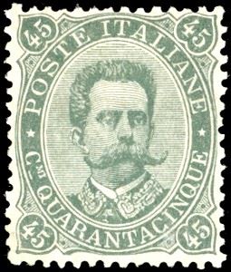 1889 - 45 cent. Umberto I (46), ottima centratura, gomma originale, leggerissima traccia di linguella, perfetto. Splendido e molto raro in queste condizioni. A.Bolaffi, cert. A.Diena.