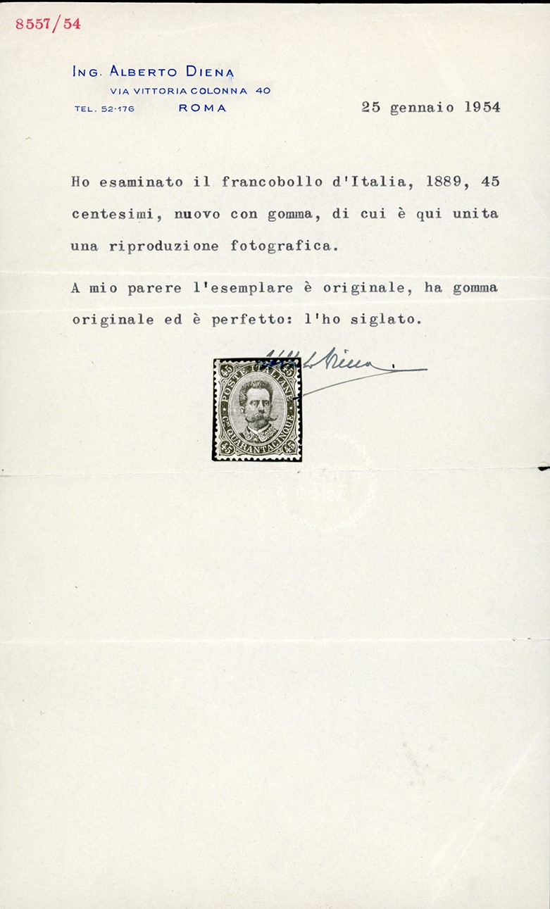 Umberto I, 45 centesimi del 1889, francobollo con gomma originale e centratura ottimale