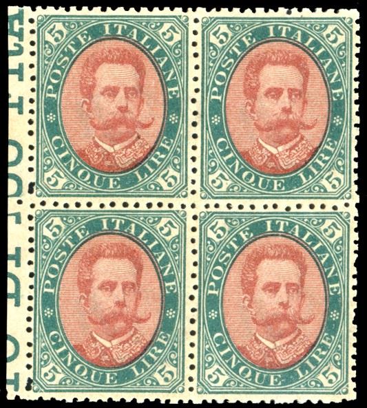 1889 - 5 lire Umberto I (49), ottima centratura, blocco di quattro, piccolo bordo di foglio, gomma originale integra, perfetto. Ferrario.