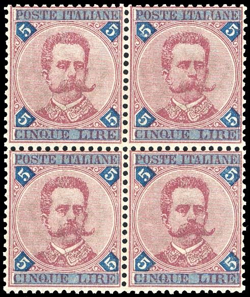 1891 - 5 lire carminio e azzurro Umberto I (64), blocco di quattro, nuovo, gomma originale integra, perfetto. Ottima qualità. Ferrario.  - Asta Filatelia - Cambi Casa d'Aste