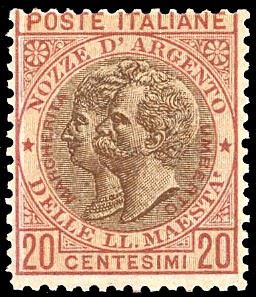 1893 - 20 cent. rosso bruno e bruno, Nozze d'argento, non emesso (64A), nuovo, gomma originale integra, perfetto. Cert. Ferrario.