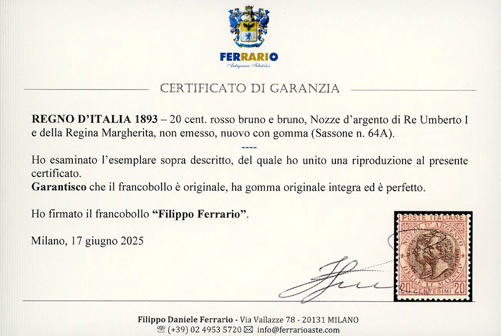 Nozze d'argento, 20 cent. rosso bruno e bruno, non emesso, 1893
