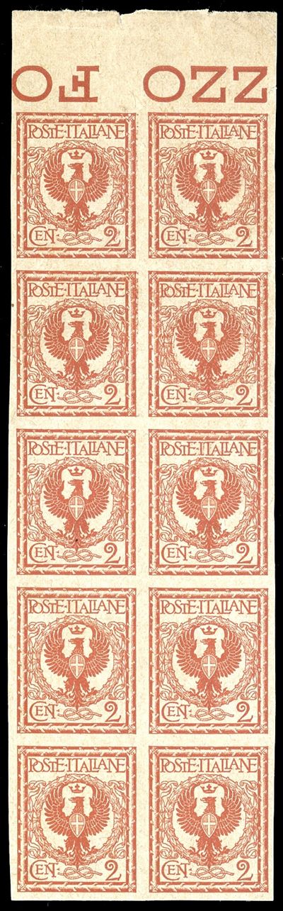 1902, 2 cent. Floreale, prova su carta grigiastra, blocco di 10 esemplari