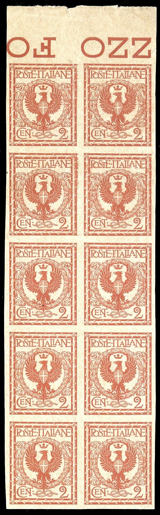 1902 - 2 cent. Floreale, prova su carta grigiastra, senza filigrana e senza gomma, non dentellata (P69), blocco di 10 esemplari, bordo di foglio, perfetti. Insieme molto raro. Due cert. Raybaudi e cert. Caffaz (cat.CEI € 35.000).