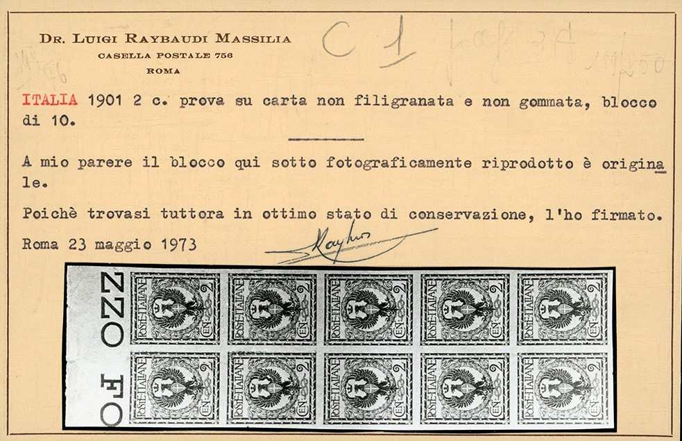 1902, 2 cent. Floreale, prova su carta grigiastra, blocco di 10 esemplari