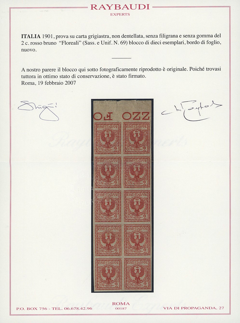 1902, 2 cent. Floreale, prova su carta grigiastra, blocco di 10 esemplari