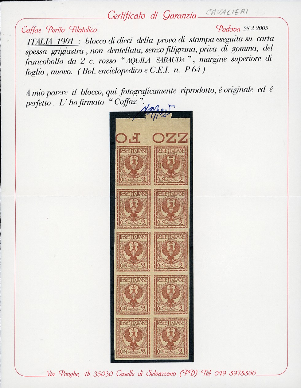 1902, 2 cent. Floreale, prova su carta grigiastra, blocco di 10 esemplari