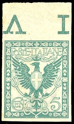 1901 - 5 cent. Floreale, non dentellato (70g), bordo di foglio in alto, nuovo, gomma originale integra, perfetto. Raro. Ferrario, cert. E.Diena.  - Asta Filatelia - Cambi Casa d'Aste