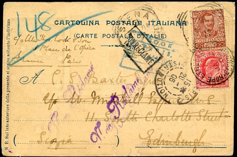1906 - 10 cent. Floreale (71), su cartolina da Siena 21/12/1904 ad Edimburgo, in Scozia, rispedita a Parigi previa riaffrancatura con 1 p. Edoardo VII (Gran Bretagna 107).  - Asta Filatelia - Cambi Casa d'Aste