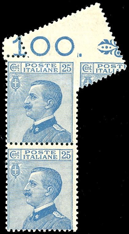 1908 - 25 cent. Michetti (83), coppia verticale, l'esemplare superiore con dentellatura parziale in alto e a destra, causata da un'anomala piegatura del foglio al momento della perforazione, bordo di foglio in alto, nuova, gomma originale integra, perfetta. D'effetto. Ferrario.  - Auction Philately - Cambi Casa d'Aste