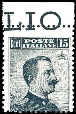 1909 - 15 cent. Michetti, II tipo, dentellatura orizzontale fortemente spostata in alto, fino a comprendere parte delle diciture del margine di foglio superiore (86aa), nuovo, gomma originale integra, perfetto. Cert. E.Diena.
