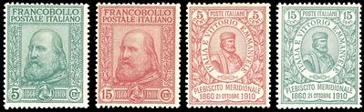 Garibaldi, serie completa di francobolli (87/90), gomma originale integra, 1910