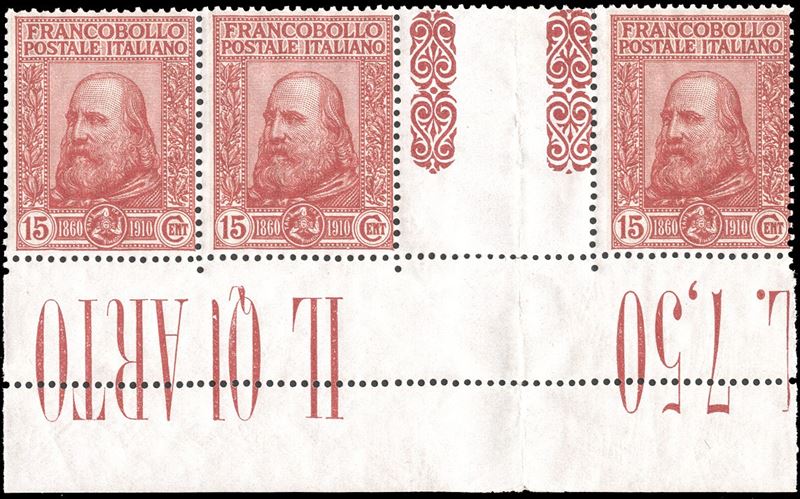 1910 - 15+5 cent. Garibaldi (88), striscia di tre con interspazio di gruppo, gomma originale integra, perfetta. Bella e molto rara!  - Asta Filatelia - Cambi Casa d'Aste