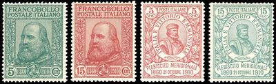 Garibaldi, Serie completa di francobolli (1910), gomma originale integra, 87 su 90 esemplari