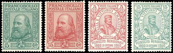 1910 - Garibaldi, serie completa, ben centrati (87/90), nuovi, gomma originale integra, perfetti. Ottima qualità. Ferrario, alti valori cert. Oro Raybaudi.