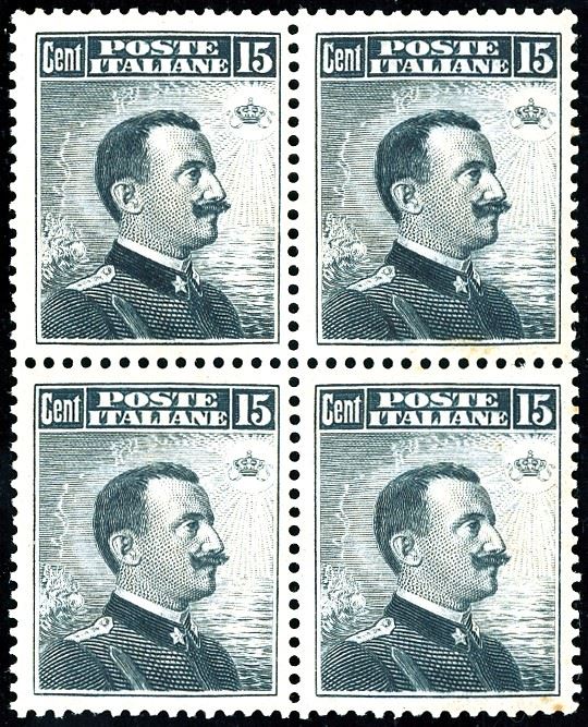 1911 - 15 cent. Michetti, III tipo (96), ottima centratura, blocco di 4, gomma originale integra, perfetto. Ferrario.