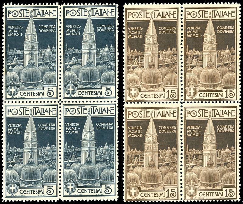 1912 - Campanile di Venezia, serie completa (97/98), buona centratura, blocchi di quattro, gomma originale integra, perfetti, ottima qualità. Ferrario.  - Asta Filatelia - Cambi Casa d'Aste