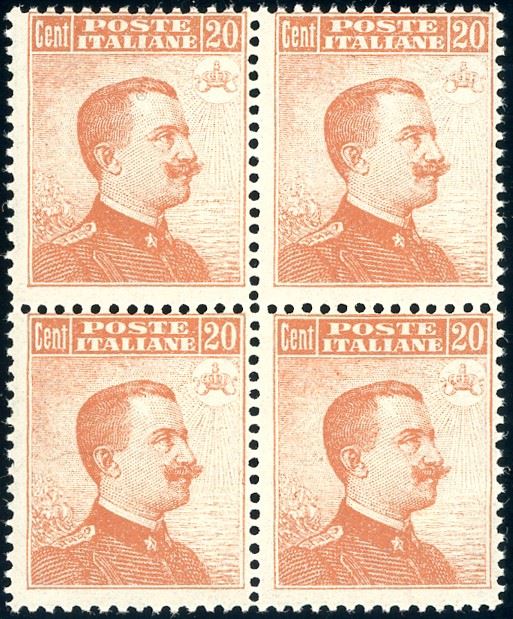 1916 - 20 cent. Michetti, senza filigrana (107), blocco di quattro, gomma originale integra, perfetto. Ferrario.