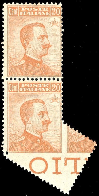 1917 - 20 cent. Michetti, non dentellato in basso a causa di un'anomala piegatura del foglio al momento della perforazione (109fab), in coppia con il normale, bordo di foglio in basso, nuova, gomma originale, integra, per l'esemplare con la varietà, perfetta. Raybaudi.