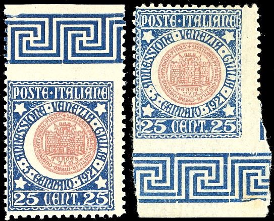 1921 - 25 cent. Annessione Venezia Giulia, un esemplare non dentellato in alto e uno non dentellato in basso (113c,113d), entrambi bordo di foglio, nuovi, gomma originale integra, perfetti. Ferrario il primo, Raybaudi il secondo.
