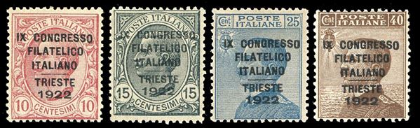 1922 - Congresso Filatelico, soprastampati, serie completa (123/126), ben centrati, nuovi, gomma originale integra, perfetti. A.Diena, cert. Ferrario e Diena (cat.Sassone € 4.500/13.500).