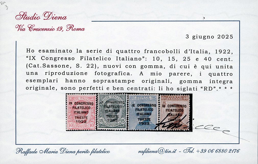 Congresso Filatelico 1922, serie completa di soprastampati (123/126), nuovi con gomma originale i...