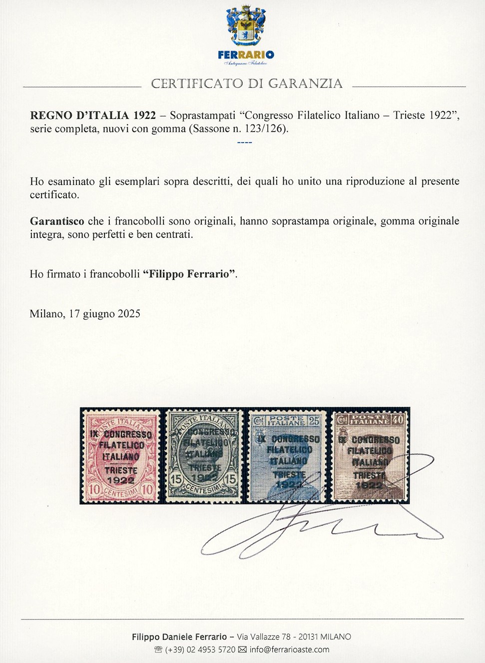 Congresso Filatelico 1922, serie completa di soprastampati (123/126), nuovi con gomma originale i...
