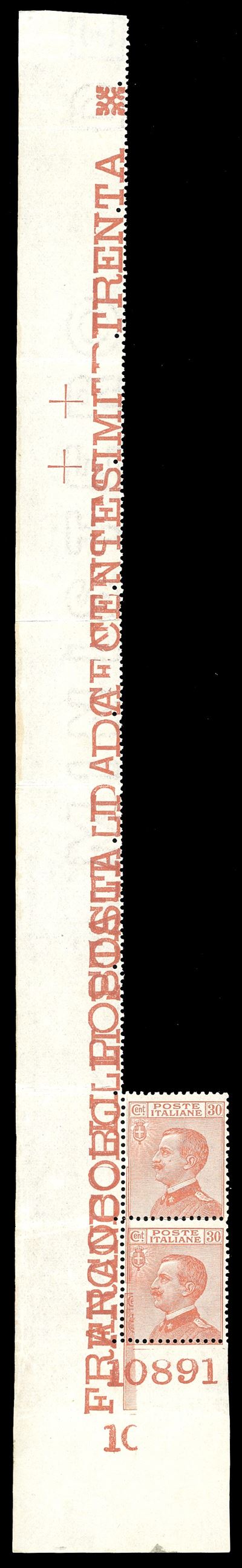 Michetti, 30 cent. del 1922, coppia verticale con doppia stampa parziale
