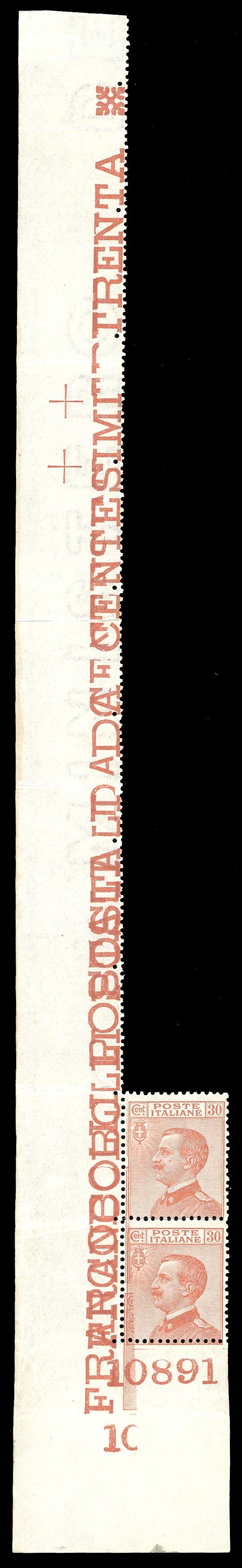 1922 - 30 cent. Michetti (127), doppia stampa parziale, coppia verticale, angolo di foglio con numero di tavola, gomma integra, perfetta. Bella ed appariscente varietà non catalogata!  - Asta Filatelia - Cambi Casa d'Aste