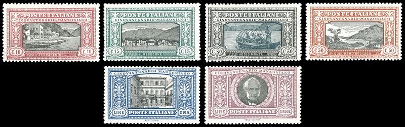1923 - Manzoni, serie completa (151/156), gomma originale integra, perfetti e molto freschi. E.Diena e cert. Ferrario per il 5 lire, Fiecchi per la serie.  - Asta Filatelia - Cambi Casa d'Aste