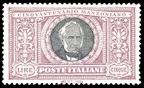 1923 - 5 lire Manzoni (156), ottima centratura, nuovo, gomma originale integra, perfetto. Ottima qualità. Cert. E.Diena.