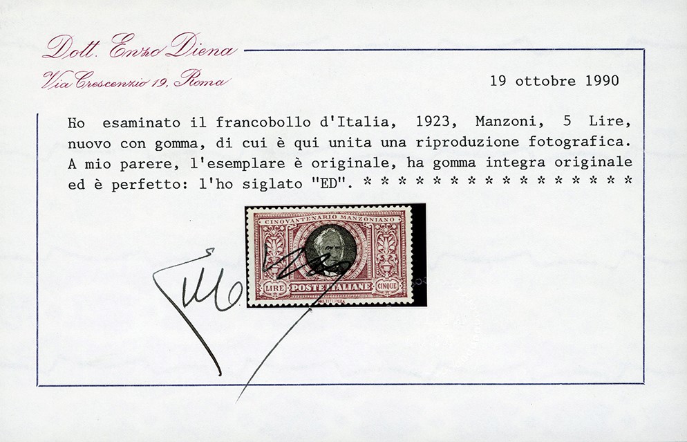 Manzoni, 5 lire 1923 (156), gomma originale integra