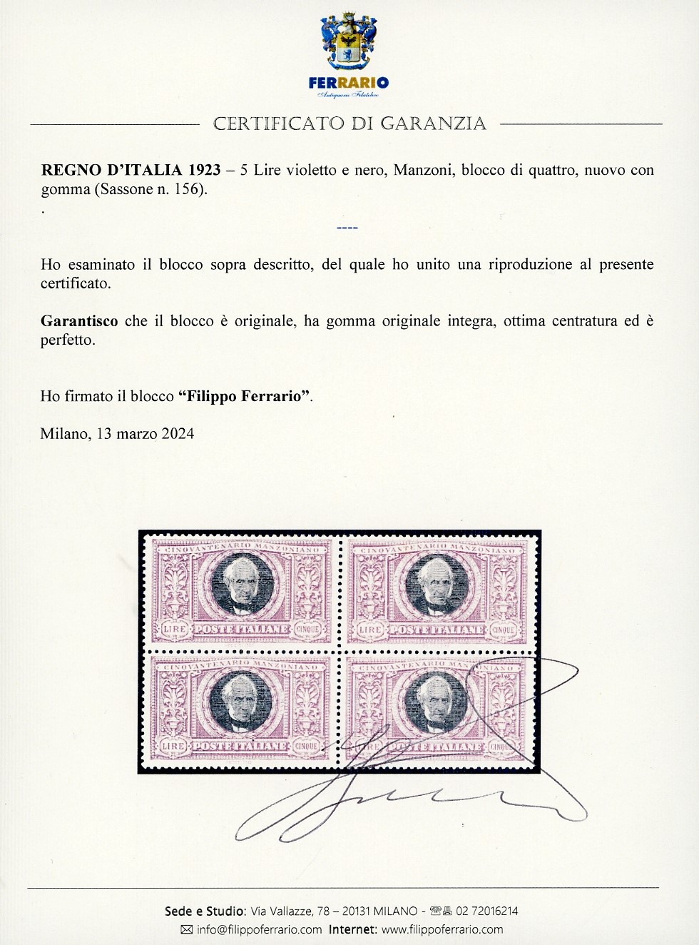 Manzoni, 5 Lire del 1923 - Blocco di quattro esemplari