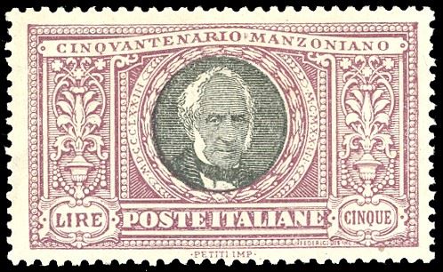 1923 - 5 lire Manzoni (156), nuovo, gomma originale, perfetto e ben centrato. Ferrario.