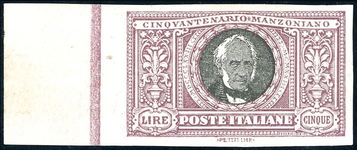 1923 - 5 lire Manzoni, non dentellato (156d), bordo di foglio, gomma originale integra. Bellissimo! Cert. Ferrario.  - Asta Filatelia - Cambi Casa d'Aste