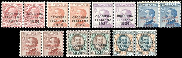 1924 - Crociera Italiana, serie completa in coppie orizzontali, tutte con l'esemplare di destra con la varietà nella prima "A" di "ITALIANA", pos. 32 del foglio (162/168+162e/168e), gomma originale integra, perfette. Insieme raro e sottoquotato, possibile una sola volta nel foglio di 100. A.Diena, cert. Colla.